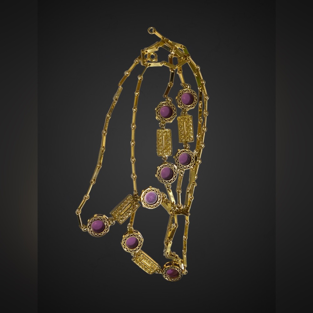 Vintage 52” gold tone bar link chain, purple glass circles, and filigree accents
